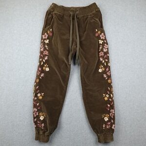 Driftwood Joggers Pants Womens Small Brown Corduroy Embroidered Floral Boho Cozy